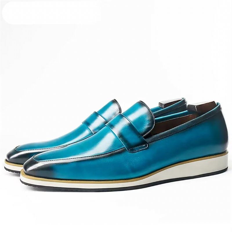 Formele Herenschoenen Echte Casual Slip-ons Met Vierkante Neus - Blauw