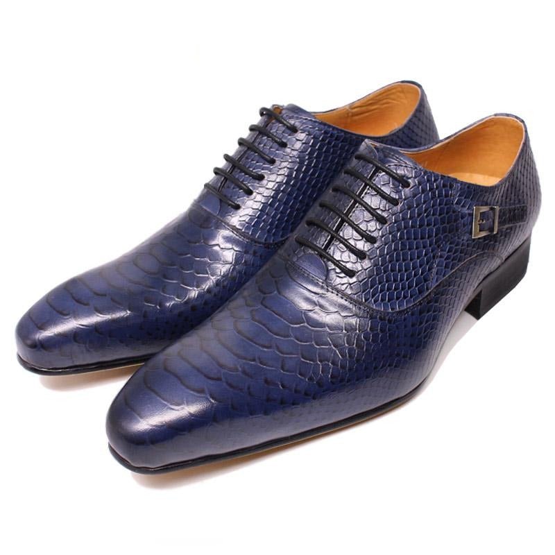 Formele Herenschoenen Leer Met Puntige Neus Oxford-schoenen Veters - Blauw