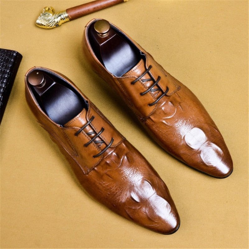 Formele Herenschoenen Luxe Krokodillenleer Brogue-schoenen Met Puntige Neus - Bruin