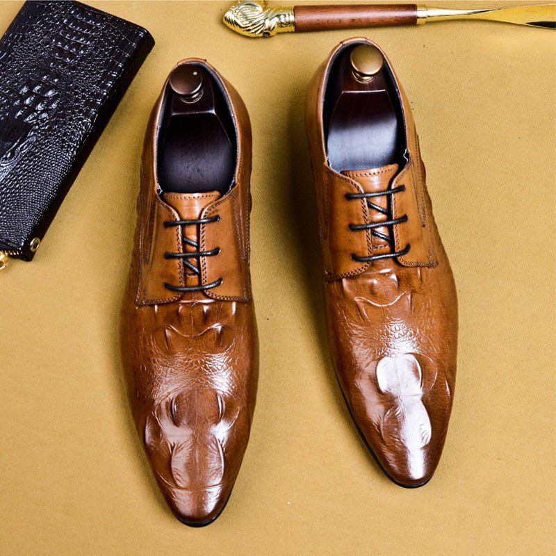 Formele Herenschoenen Luxe Krokodillenleer Brogue-schoenen Met Puntige Neus - Bruin