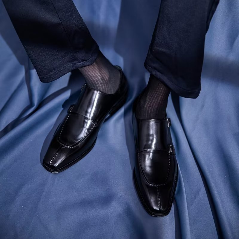 Formele Herenschoenen Monkstrap Elegante Rundlederen Kledingschoenen - Zwart