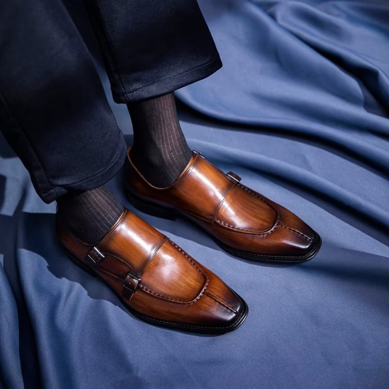 Formele Herenschoenen Monkstrap Elegante Rundlederen Kledingschoenen - Koffie