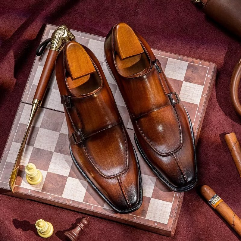 Formele Herenschoenen Monkstrap Elegante Rundlederen Kledingschoenen - Koffie