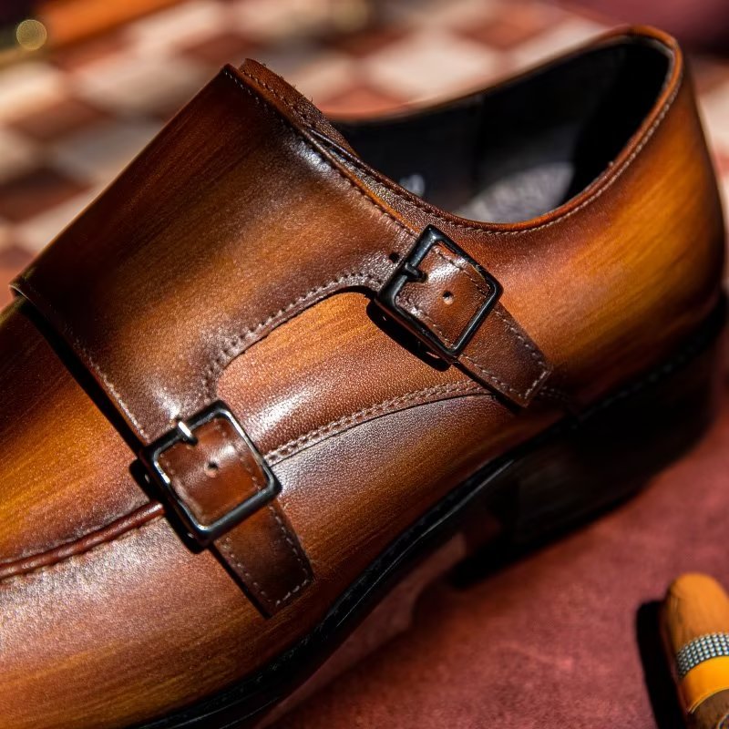 Formele Herenschoenen Monkstrap Elegante Rundlederen Kledingschoenen - Koffie