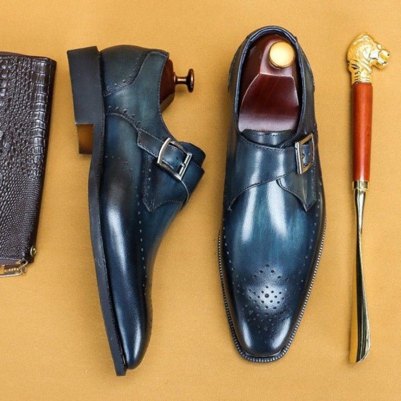 Formele Schoenen Heren Brogueschoenen Met Exotisch Patroon Puntige Neus - Blauw