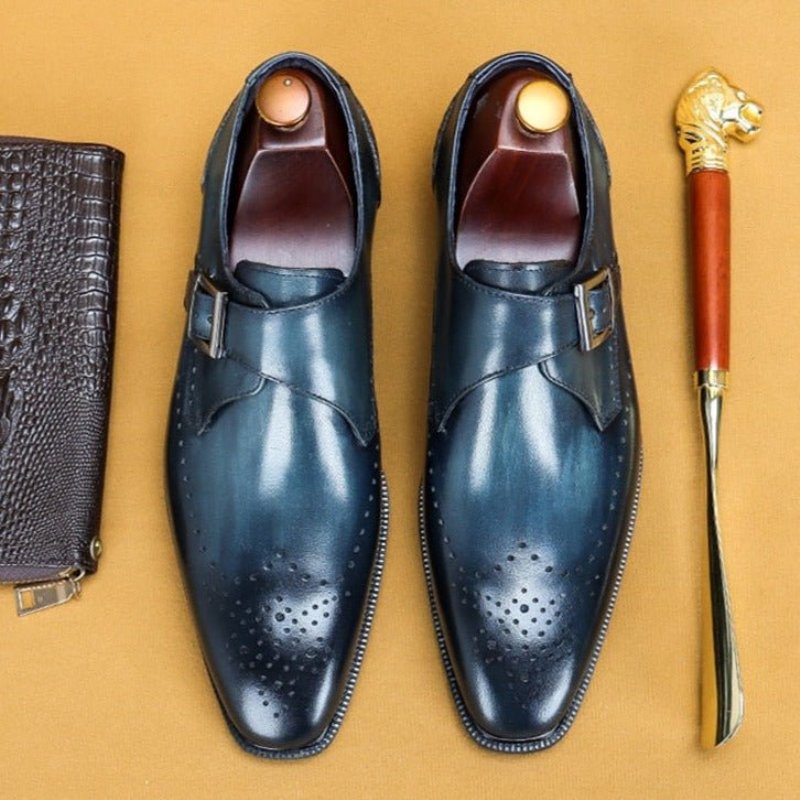 Formele Schoenen Heren Brogueschoenen Met Exotisch Patroon Puntige Neus - Blauw