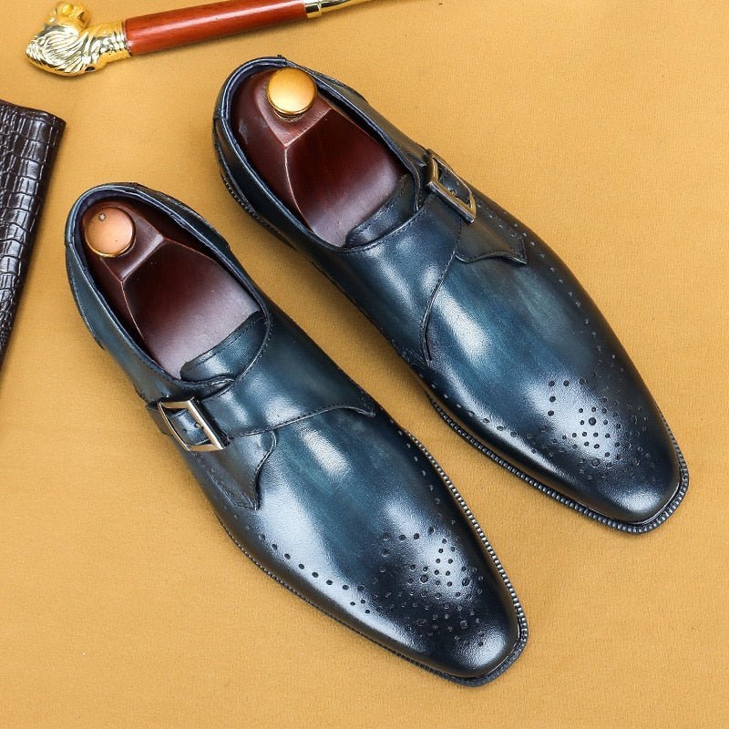 Formele Schoenen Heren Brogueschoenen Met Exotisch Patroon Puntige Neus - Blauw