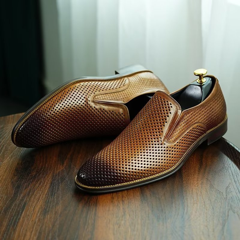 Formele Schoenen Heren Elegante Lederen Instappers Broguestijl - Bruin