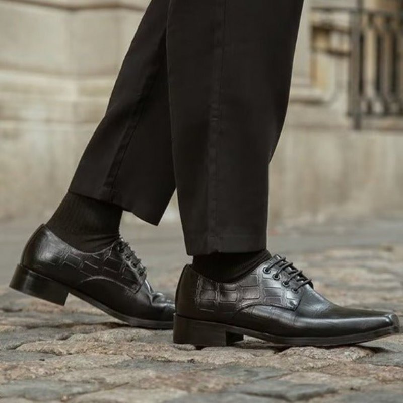 Formele Schoenen Heren Elegante Leren Met Vetersluiting Vierkante Neus - Zwart