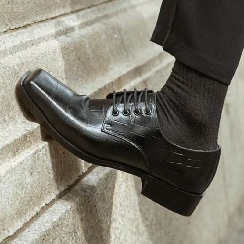 Formele Schoenen Heren Elegante Leren Met Vetersluiting Vierkante Neus - Zwart