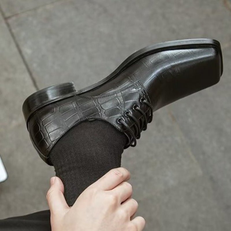 Formele Schoenen Heren Elegante Leren Met Vetersluiting Vierkante Neus - Zwart