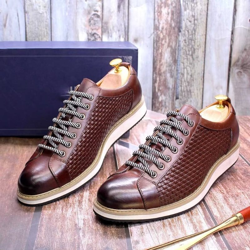 Formele Schoenen Heren Elegante Zakelijke Sneakers Met Veters Rundleer - Koffie