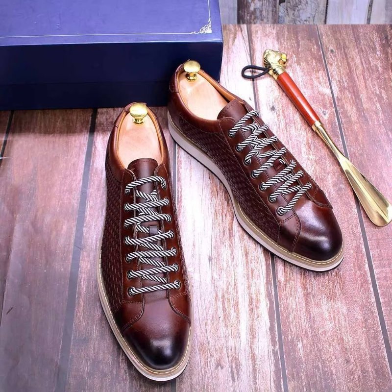 Formele Schoenen Heren Elegante Zakelijke Sneakers Met Veters Rundleer - Koffie