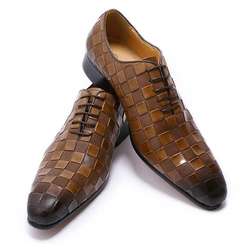 Formele Schoenen Heren Leren Oxford-schoenen Met Geruite Print - Koffie