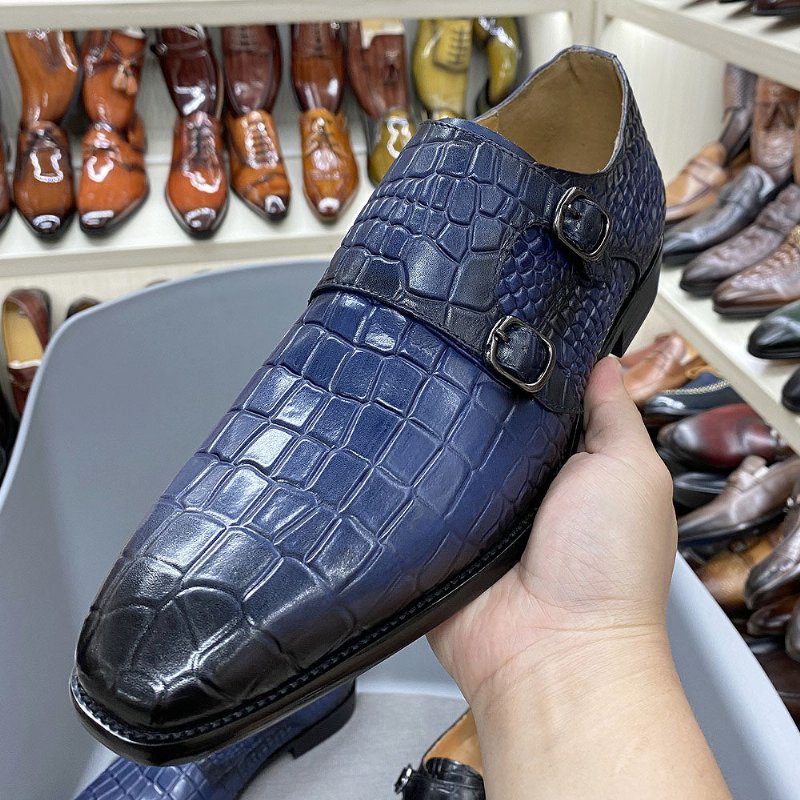 Formele Schoenen Heren Luxe Crocstride-schoenen Met Vierkante Neus Monniksband - Blauw