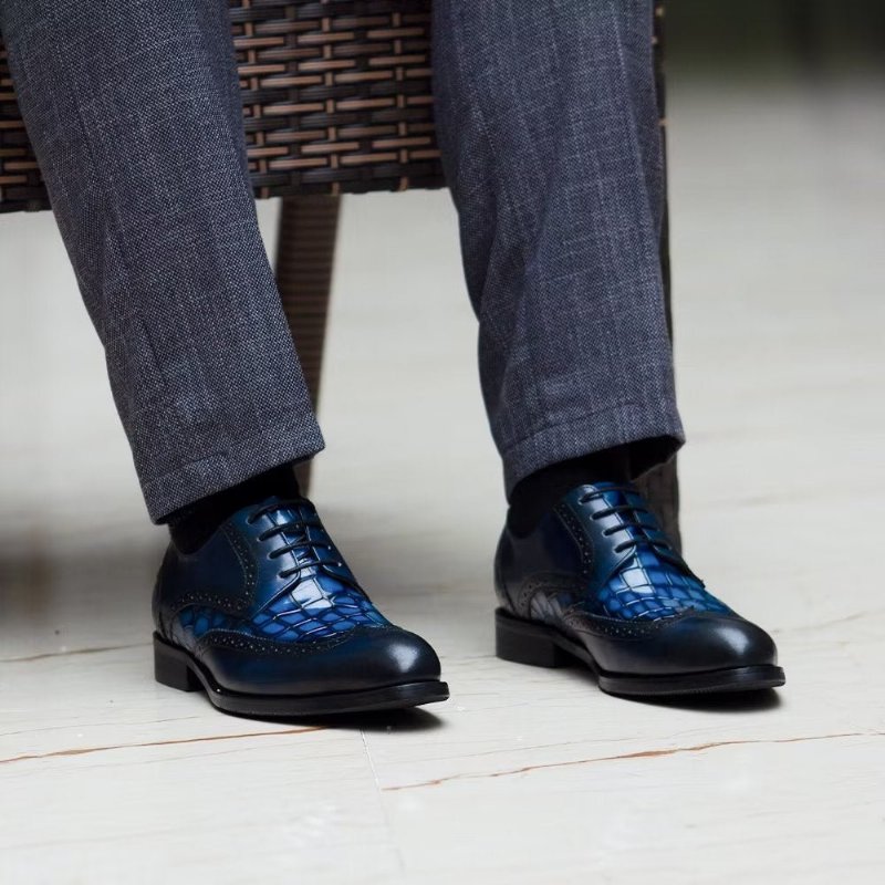 Formele Schoenen Heren Prachtige Derbyschoenen Met Krokodillenstructuur - Blauw