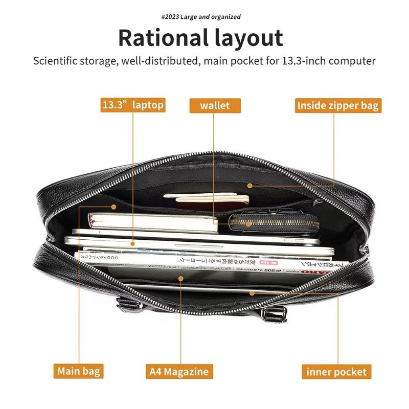 Herenaktentassen Luxe Lederen Technische Zakenaktentas Met Dubbel Compartiment - Zwart