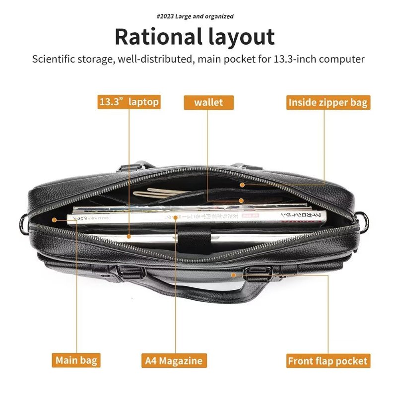Herenaktentassen Luxe Leren Dubbelvak-organizer Zakenaktentas - Zwart
