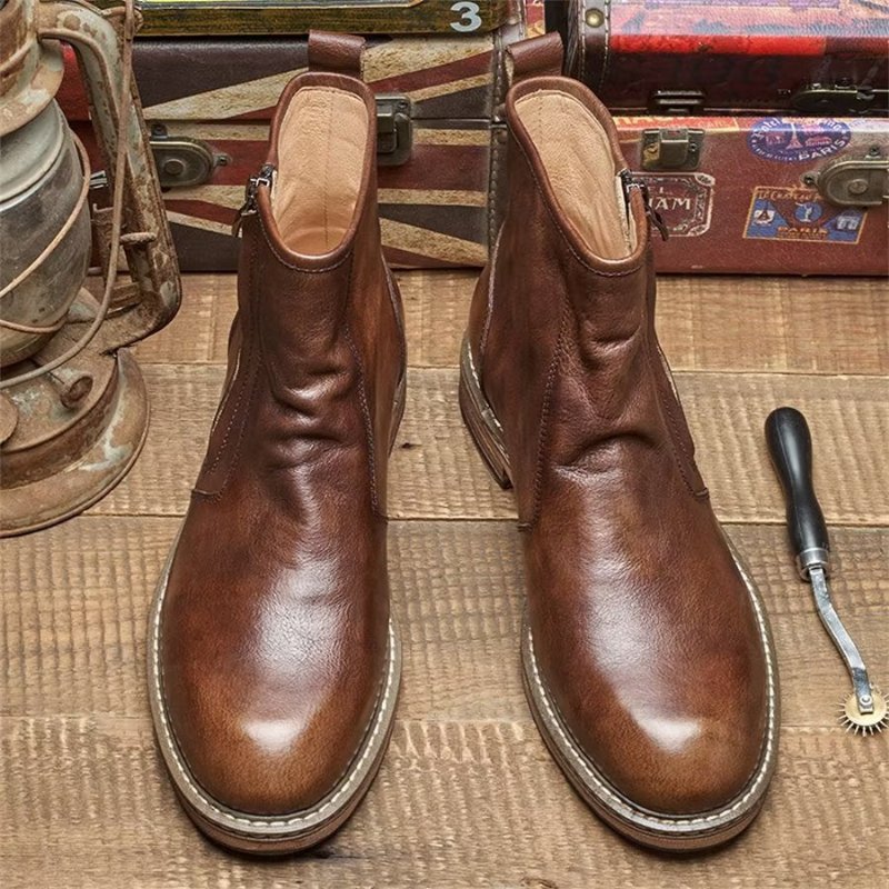 Herenlaarzen Elegante Koeienhuid Slip-on Enkellaarsjes Met Hak - Koffie