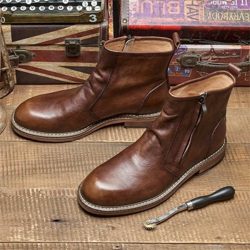 Herenlaarzen Elegante Koeienhuid Slip-on Enkellaarsjes Met Hak - Koffie