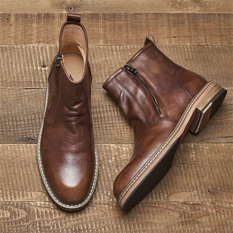 Herenlaarzen Elegante Koeienhuid Slip-on Enkellaarsjes Met Hak - Koffie