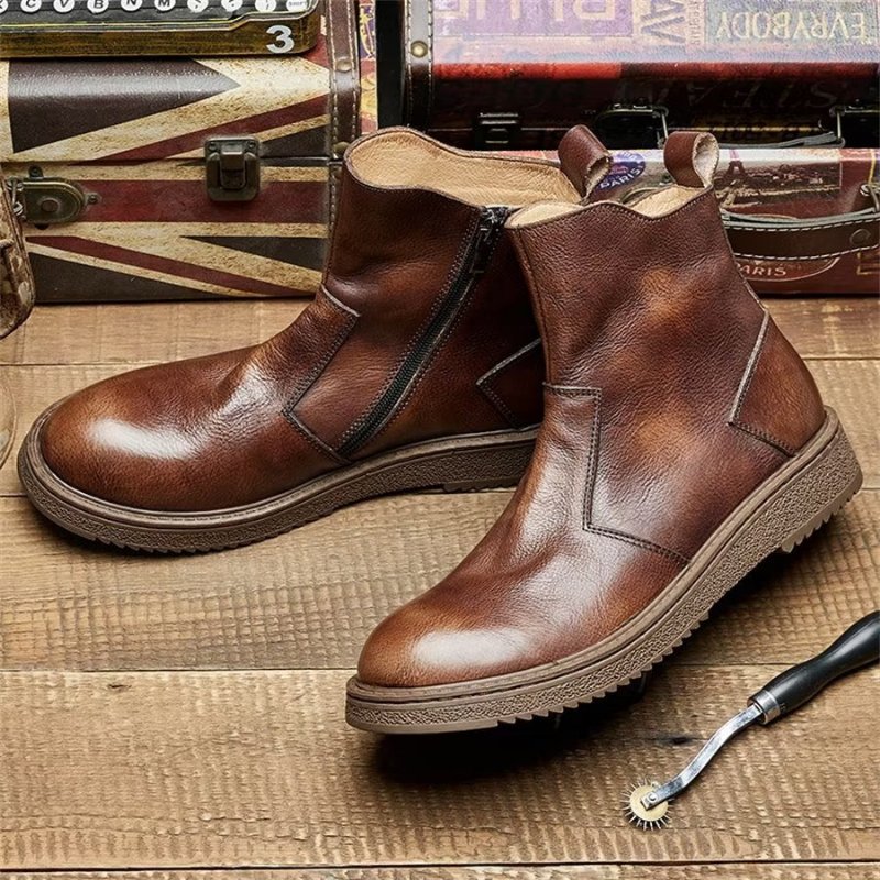 Herenlaarzen Elegante Koeienhuid Slip-on Geperforeerde Enkellaarsjes - Koffie