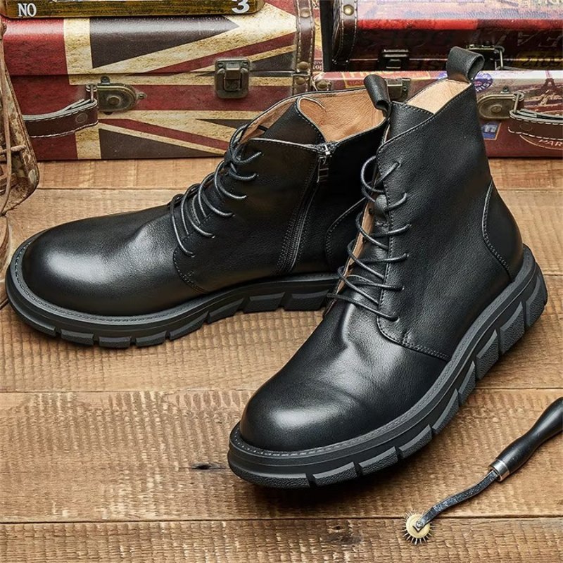 Herenlaarzen Elegante Koeienhuid Veterschoenen Met Gesp - Zwart