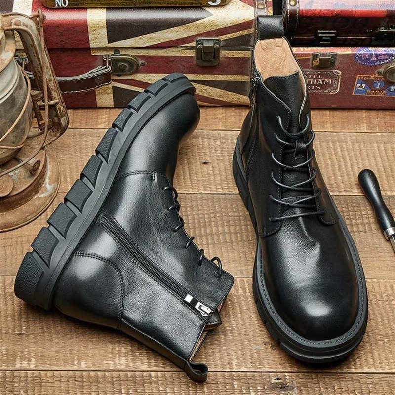 Herenlaarzen Elegante Koeienhuid Veterschoenen Met Gesp - Zwart