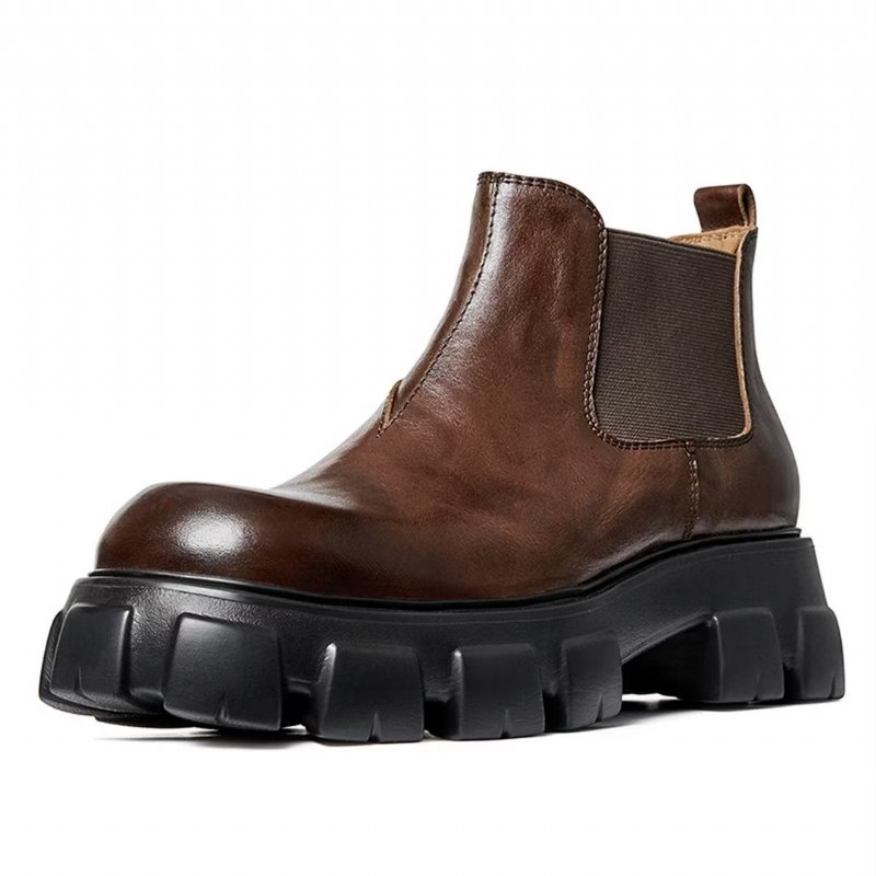 Herenlaarzen Elegante Vintage Koeienhuid Martin Boots Met Korte Ritssluiting - Bruin