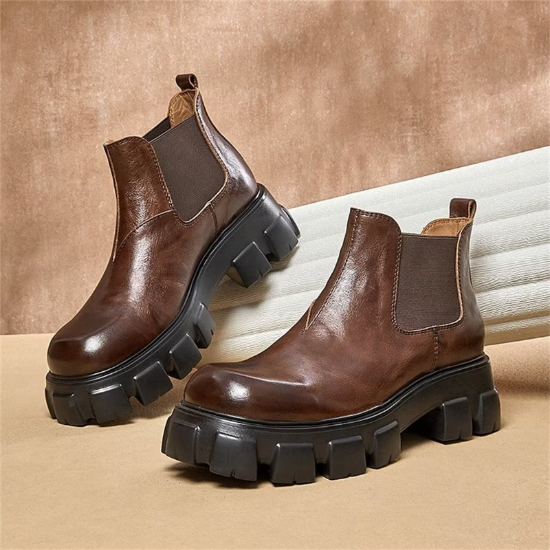 Herenlaarzen Elegante Vintage Koeienhuid Martin Boots Met Korte Ritssluiting - Bruin