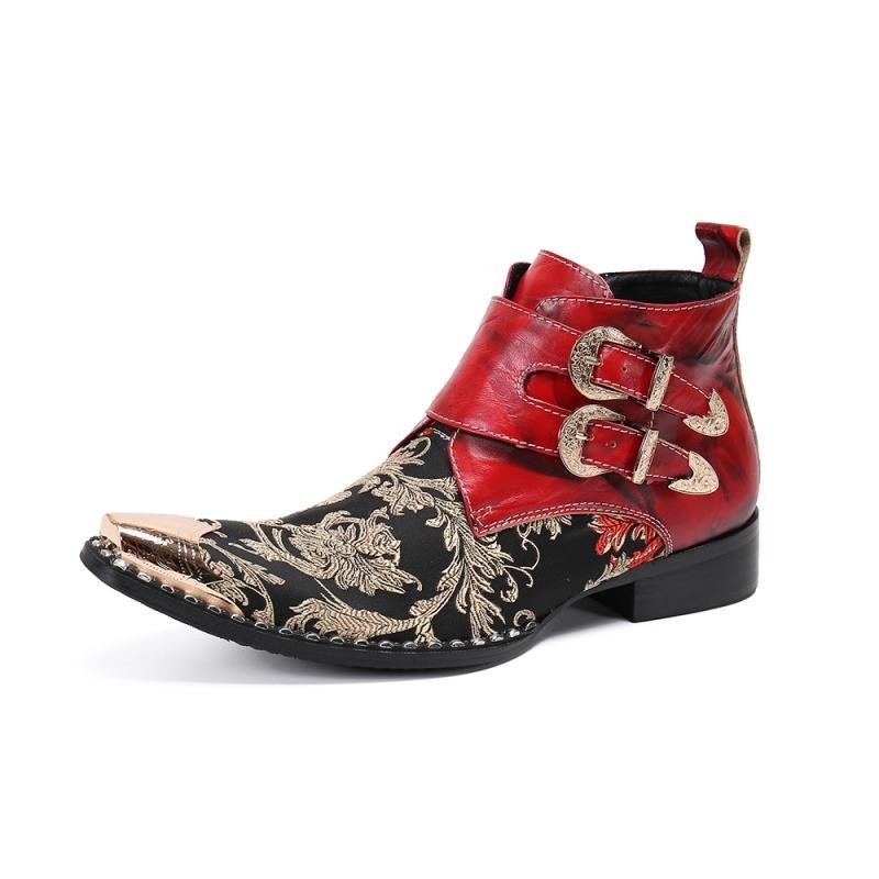 Herenlaarzen Exotische Metalen Neus Western Party Lederen Loafers - Rood