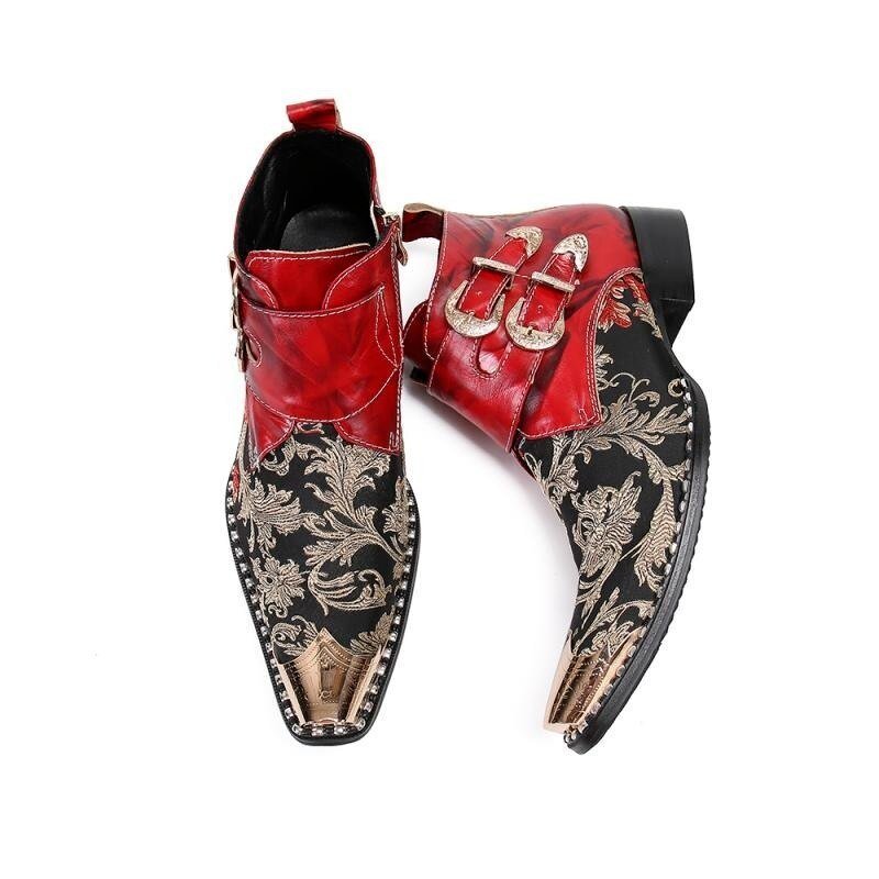 Herenlaarzen Exotische Metalen Neus Western Party Lederen Loafers - Rood