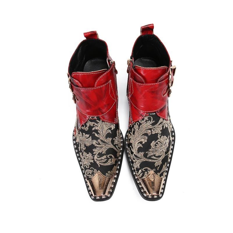 Herenlaarzen Exotische Metalen Neus Western Party Lederen Loafers - Rood