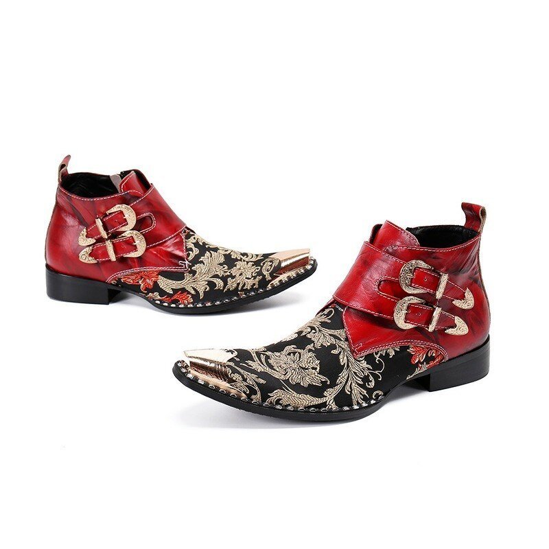 Herenlaarzen Exotische Metalen Neus Western Party Lederen Loafers - Rood