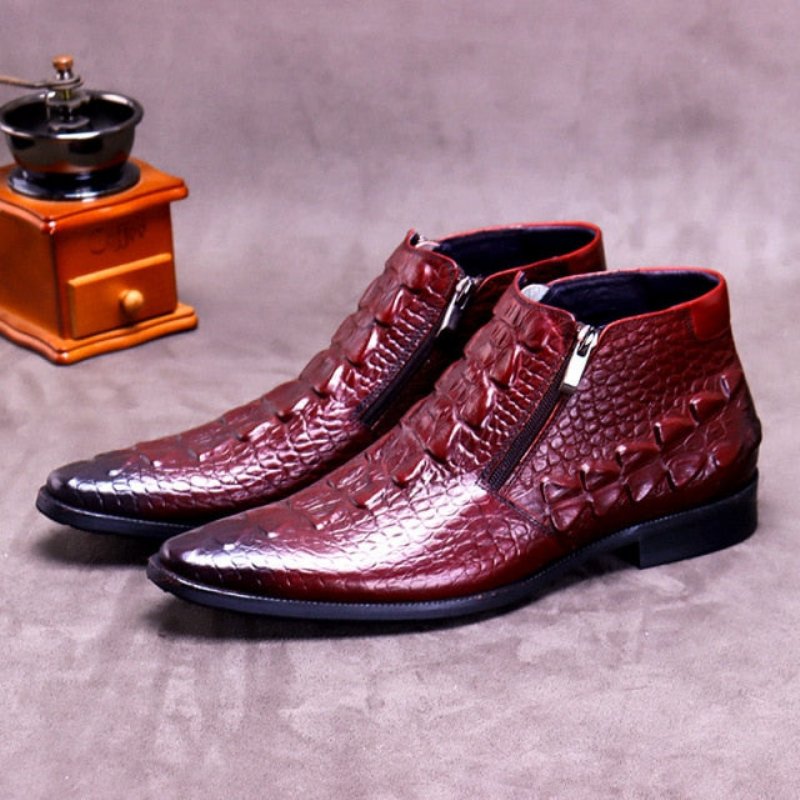 Herenlaarzen Luxe Croctex-enkellaarzen Met Puntige Neus Ritssluiting - Rood