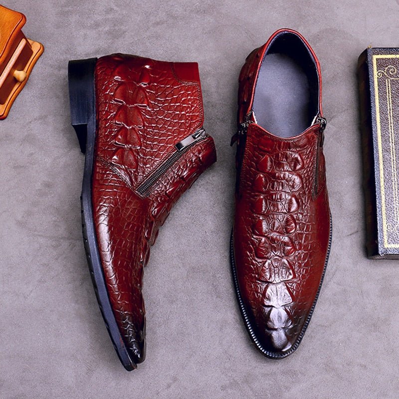 Herenlaarzen Luxe Croctex-enkellaarzen Met Puntige Neus Ritssluiting - Rood