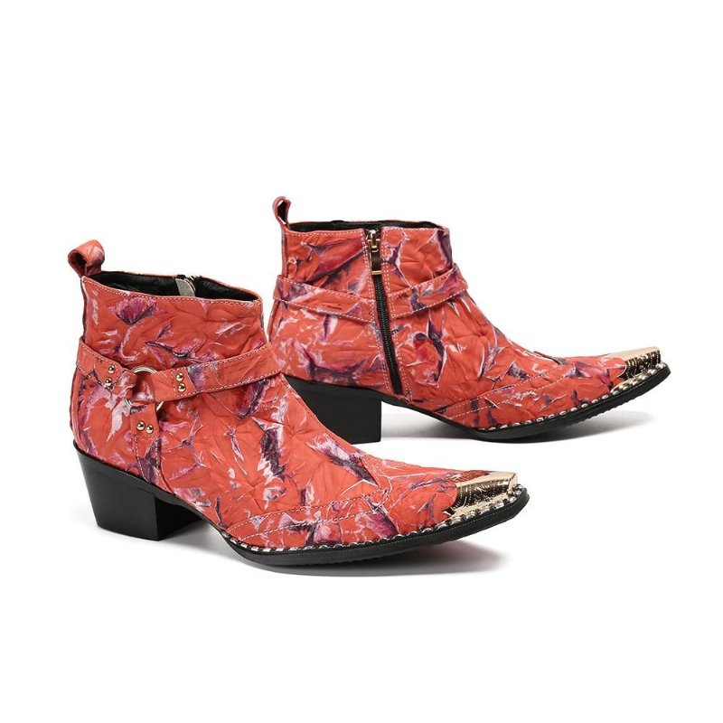 Herenlaarzen Luxe Metalen Patchwork Feestloafers Met Vierkante Neus - Rood