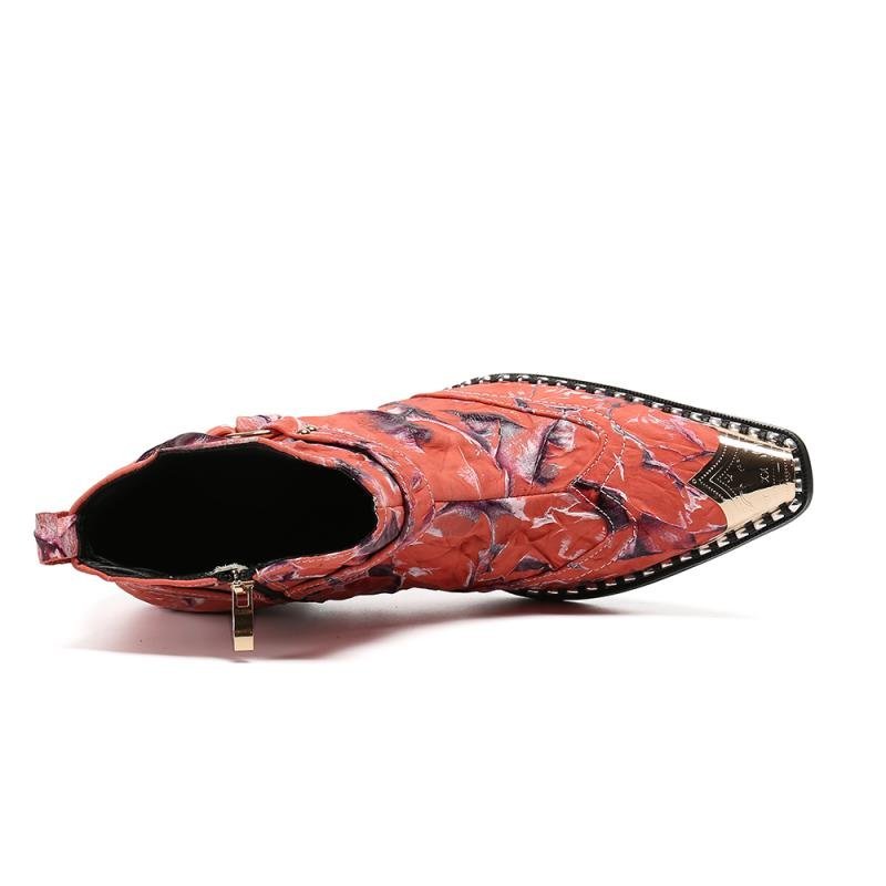 Herenlaarzen Luxe Metalen Patchwork Feestloafers Met Vierkante Neus - Rood