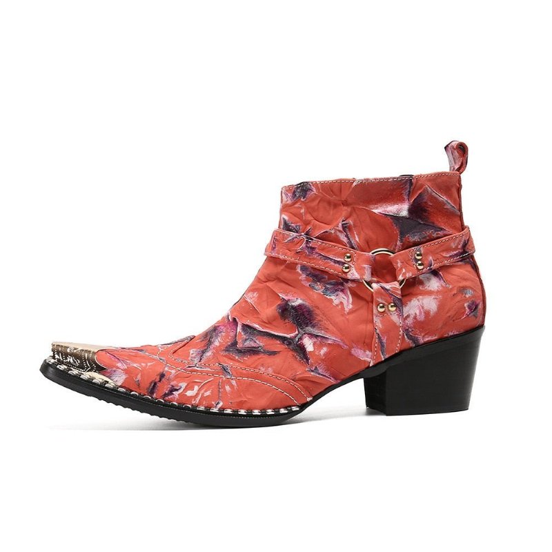 Herenlaarzen Luxe Metalen Patchwork Feestloafers Met Vierkante Neus - Rood