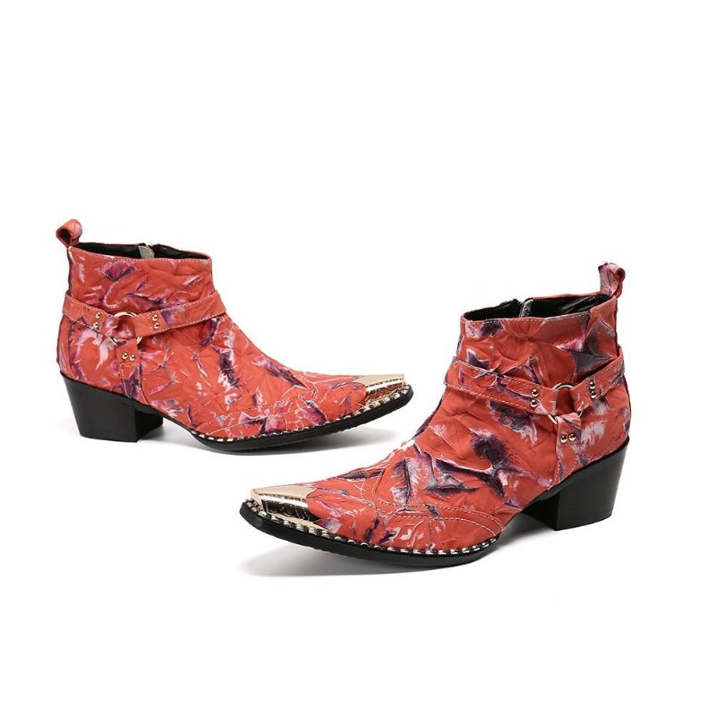 Herenlaarzen Luxe Metalen Patchwork Feestloafers Met Vierkante Neus - Rood