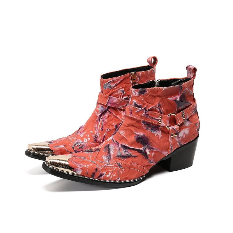 Herenlaarzen Luxe Metalen Patchwork Feestloafers Met Vierkante Neus - Rood