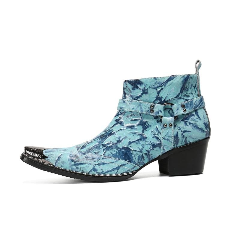 Herenlaarzen Luxe Metalen Patchwork Feestloafers Met Vierkante Neus - Blauw