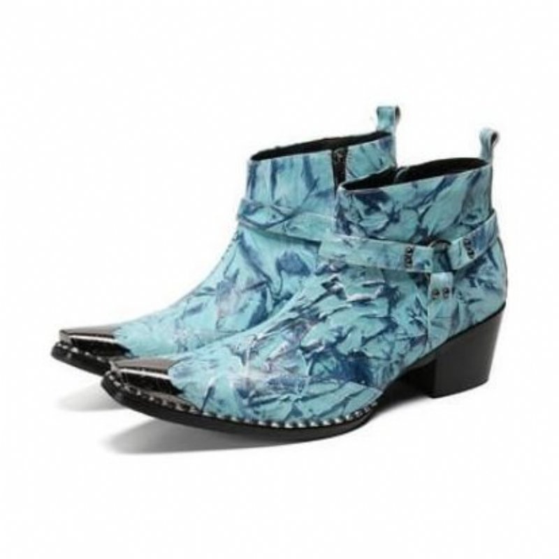 Herenlaarzen Luxe Metalen Patchwork Feestloafers Met Vierkante Neus - Blauw