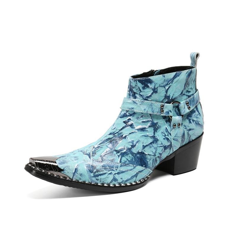 Herenlaarzen Luxe Metalen Patchwork Feestloafers Met Vierkante Neus - Blauw