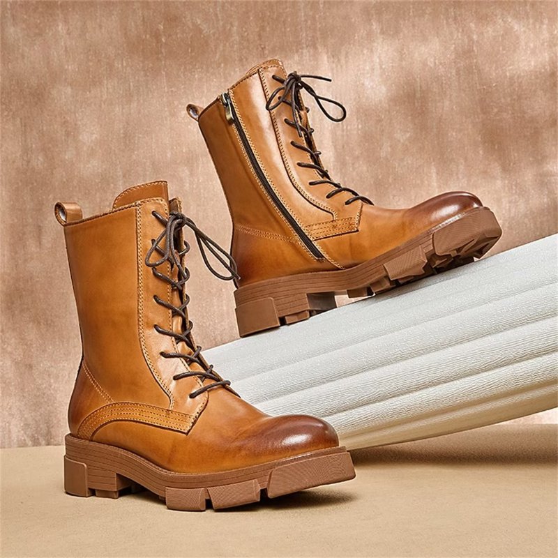 Herenlaarzen Schapenvacht Chique Vintage Martin Boots Met Korte Rits Studs - Bruin