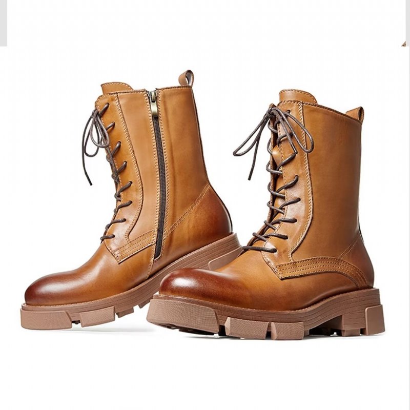 Herenlaarzen Schapenvacht Chique Vintage Martin Boots Met Korte Rits Studs - Bruin