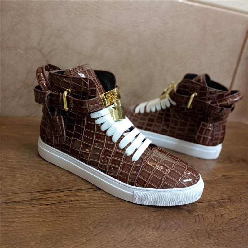 Herensneakers Hoge Designer Platte Sneakers Met Reliëf - Koffie