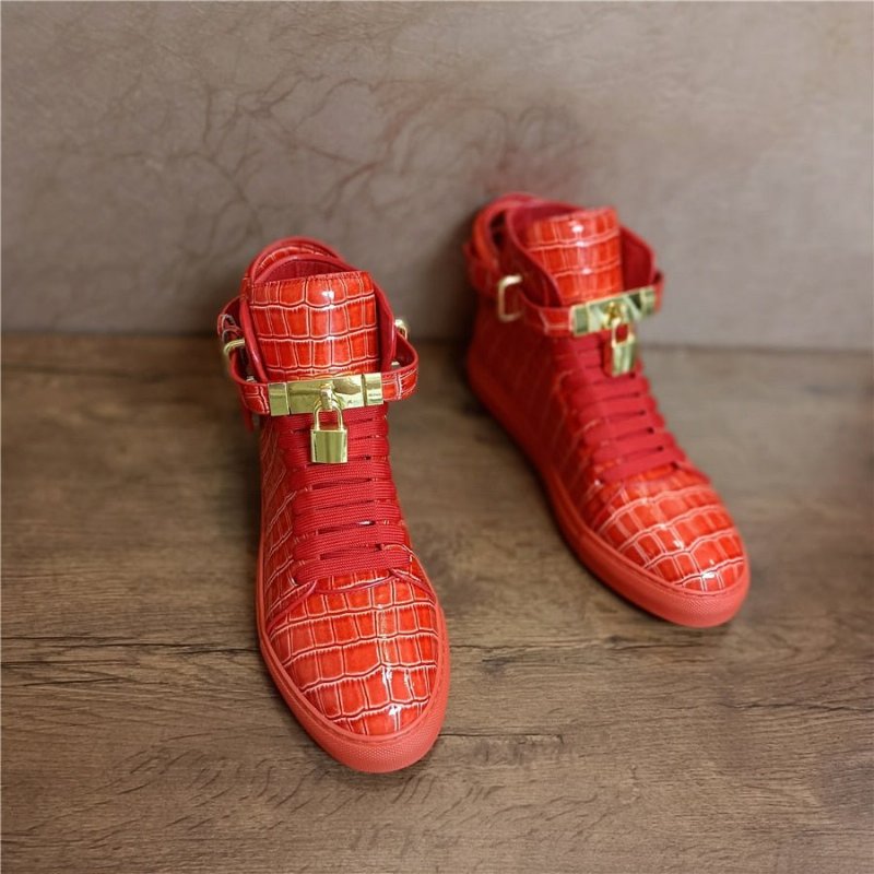 Herensneakers Hoge Designer Platte Sneakers Met Reliëf - Rood