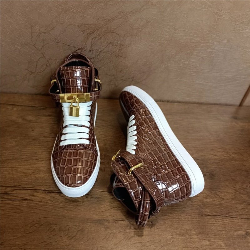 Herensneakers Hoge Designer Platte Sneakers Met Reliëf - Koffie