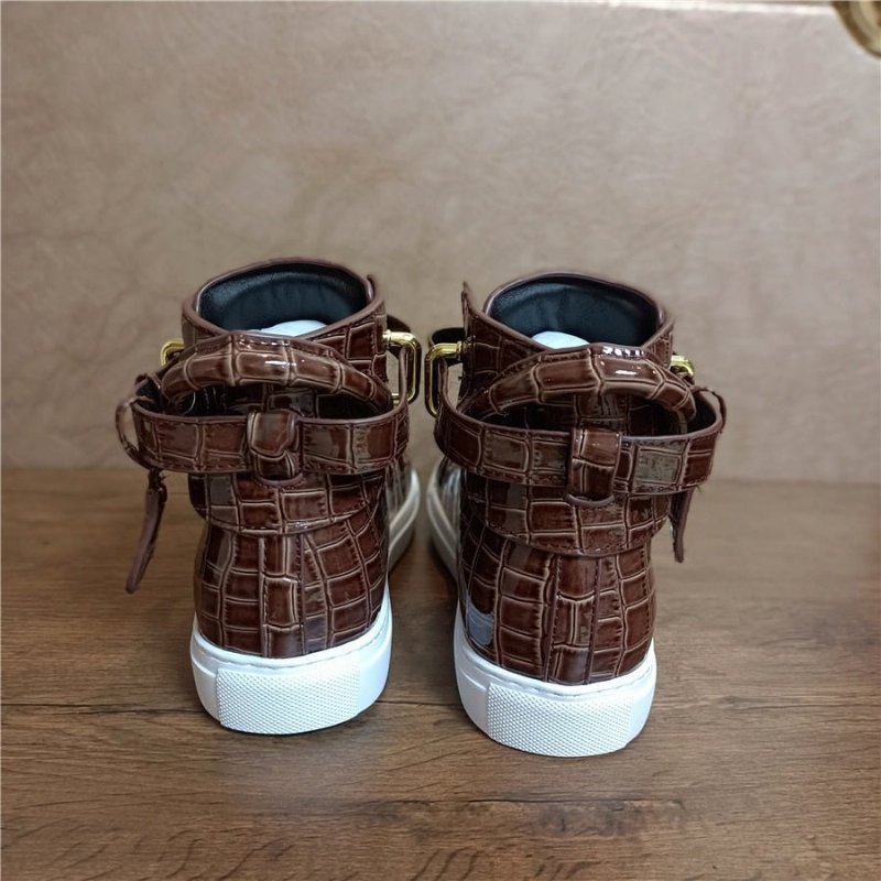 Herensneakers Hoge Designer Platte Sneakers Met Reliëf - Koffie